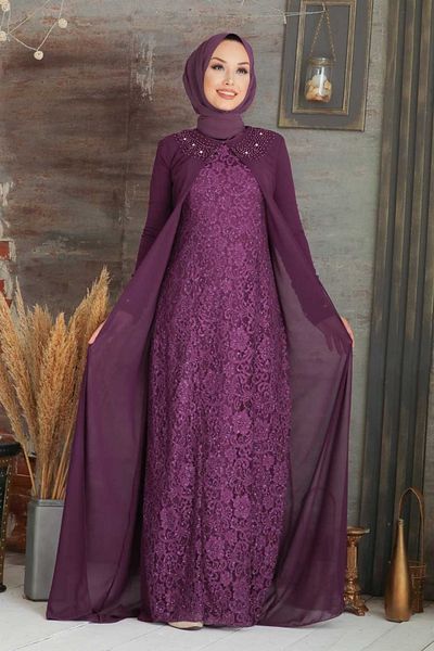Neva Style - Rochie de seara Hijab Mov Dantela 20803violet