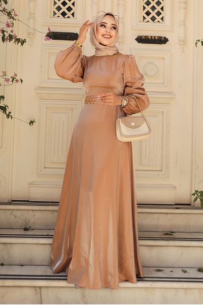 Neva Style Βραδινό φόρεμα με χάντρες Camel Hijab 23301c