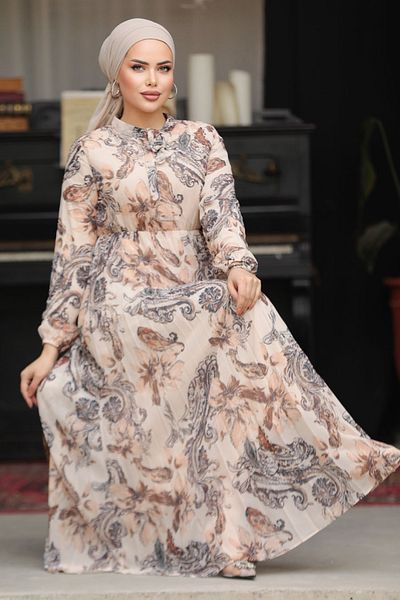 Neva Style Rochie Hijab Bej cu Motiv Floral 50355BEJ