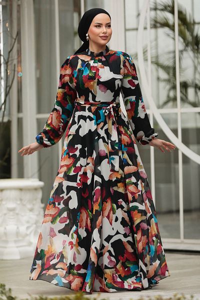Neva Style - Rochie neagră cu model Hijab 30059s