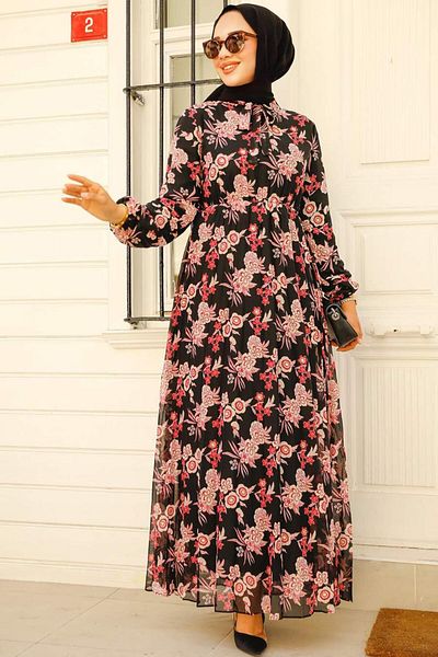 Neva Style Floral Patterned Fuchsia Hijab Dress 50358F