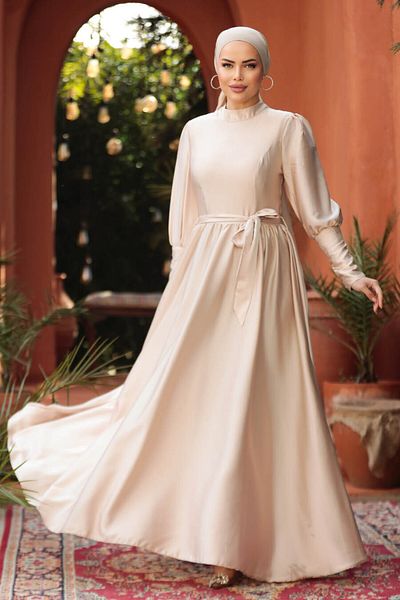 Neva Style Rochie de seara cu hijab - Rochie de seara hijab aurie 60801aur