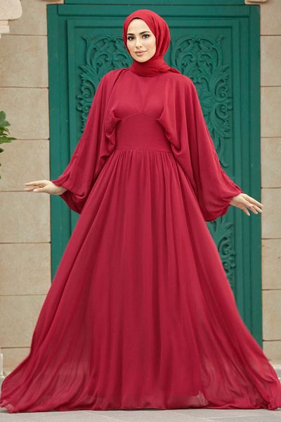 Neva Style فستان سهرة حجاب - فستان سهرة حجاب أحمر بأكمام بالونية 60681k