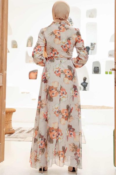 Neva Style - Rochie Hijab Bej cu Motiv Floral 27926bej
