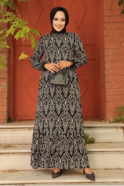Neva Style - Rochie neagră cu model Hijab 2297s