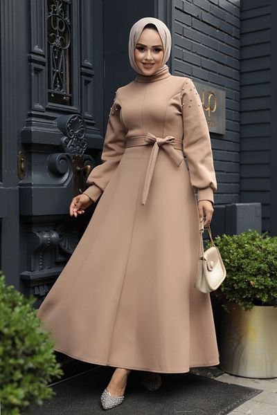 Neva Style Rochie Hijab din nurcă cu mărgele - Mânecă 23631V