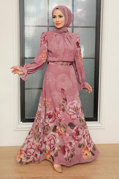 Neva Style Floral Patterned Dusty Rose Hijab Dress 35461Gk