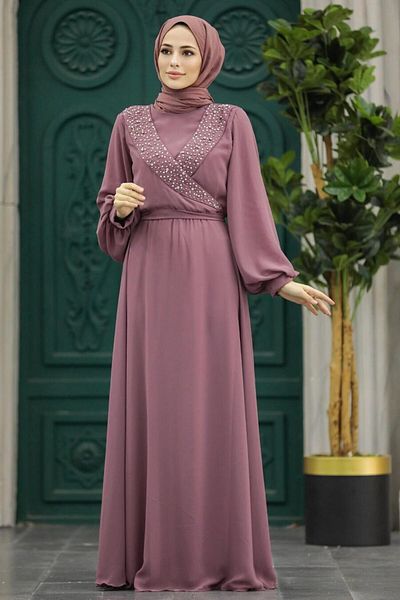 Neva Style فستان سهرة حجاب وردي مغبر مزين بالخرز 22153gk