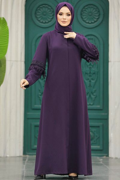 Neva Style Plum Hijab Ferace with Sleeve Detail 10021Mu