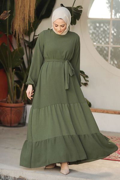 Neva Style Pleated Detailed Khaki Hijab Dress 57351HK