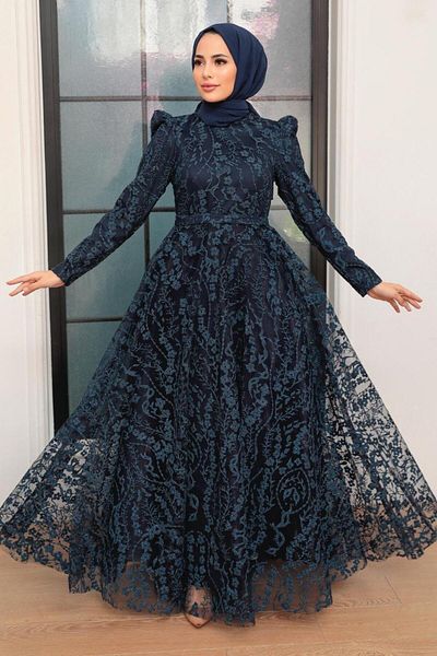 Neva Style Lacy Navy Blue Hijab Evening Dress 22780L