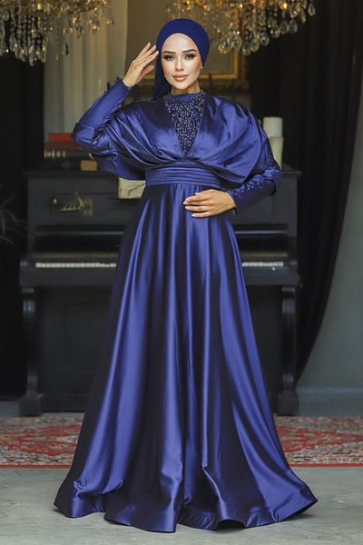 Neva Style Βραδινό φόρεμα με κεντημένο με χάντρες Navy Blue Hijab 22451l