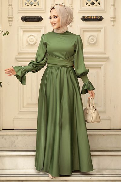 Neva Style Khaki Hijab Satin Evening Dress 5983Hk