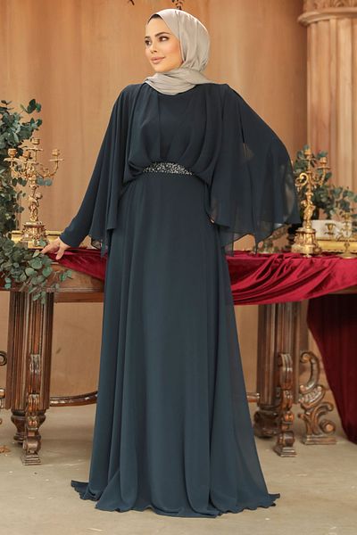 Neva Style Drape Detailed Navy Blue Hijab Evening Dress 25891L
