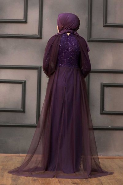 Neva Style Purple Hijab Evening Dress with Cape 55190Purple