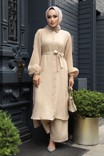 Neva Style طقم حجاب بيج مزدوج - أزرار، موديل 12581BEIGE