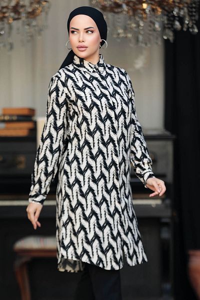 Neva Style - Tunica din vascoza Hijab neagra cu model 11674s