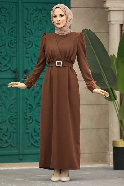 Neva Style Φόρεμα Hijab Καφέ με Λεπτομέρεια Φτερού 8791kh
