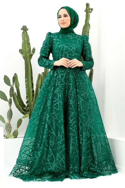 Neva Style Glitter Patterned Green Hijab Evening Dress 22282Y