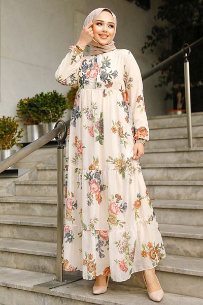 Neva Style Rochie Hijab Bej cu Motiv Floral 22052BEJ