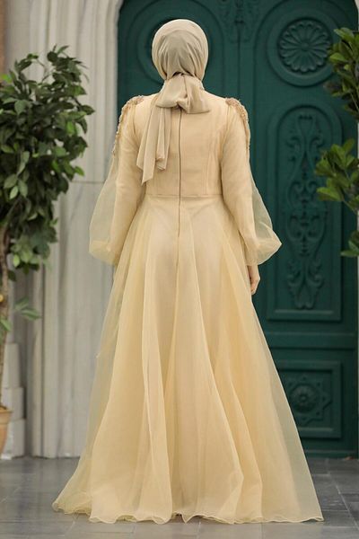 Neva Style فستان سهرة حجاب ذهبي مزين بالخرز 2249gold