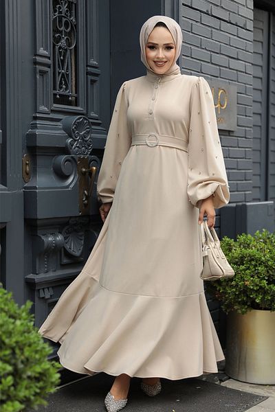 Neva Style Rochie de seară hijab bej cu detaliu de mărgele 30022bej