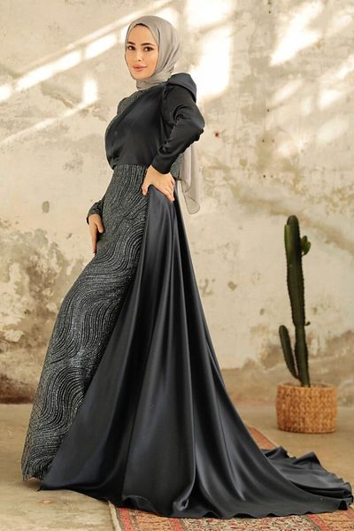 Neva Style Rochie de seara cu hijab - Rochie de seara hijab din satin antracit cu coada 22924ant