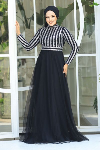 Neva Style فستان سهرة حجاب - فستان سهرة حجاب فضي مزين بالترتر 5338 جم