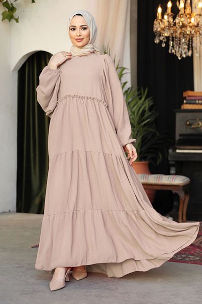 Neva Style Balloon Sleeve Beige Hijab Dress 57353BEIGE