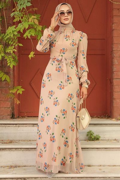 Neva Style - Rochie Hijab Bej cu Motiv Floral 27935bej