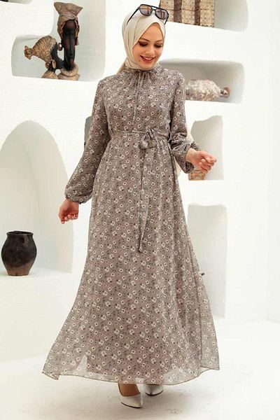 Neva Style Rochie Hijab Bej cu Motive Florale 279045bej