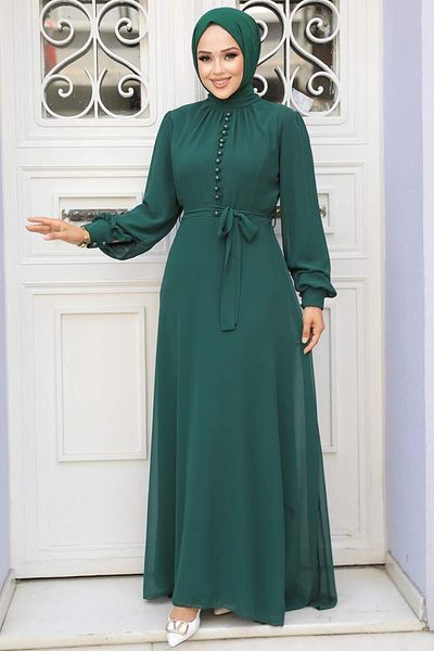 Neva Style Πράσινο Φόρεμα Hijab με λεπτομέρεια με κουμπί 2703y