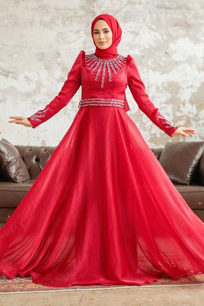 Neva Style Rochie de seara hijab rosie brodata cu margele 3774k