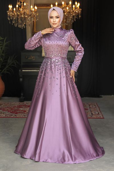 Neva Style Beaded Detailed Dusty Rose Hijab Satin Evening Dress 25894Gk