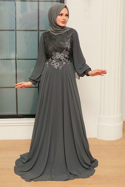 Neva Style Rochie de seara cu hijab - Rochie de seara musulmana afumata cu detalii de flori 742fu