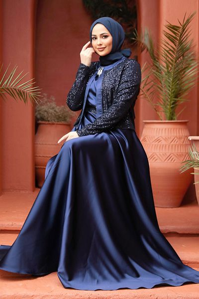 Neva Style Μπουφάν Λεπτομερές Navy Blue Hijab Satin Βραδινό Φόρεμα 25881l