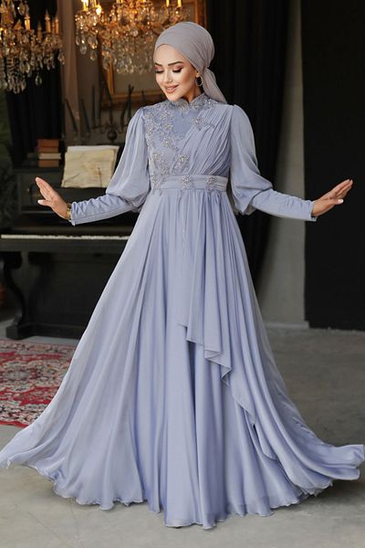 Neva Style Rochie de seara cu hijab - Rochie de seara hijab gri cu detaliu perlat 21930gr