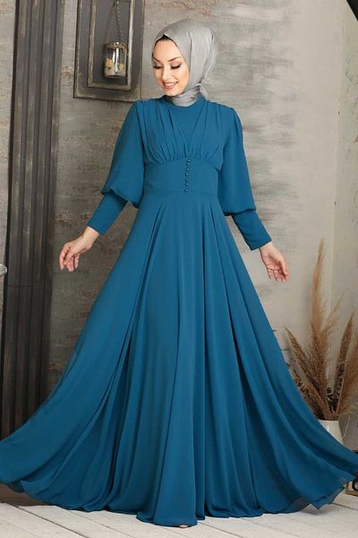 Neva Style Rochie de seara cu hijab - Rochie de seara hijab albastru petrol cu ​​detaliu nasturi 53810pm