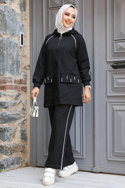 Neva Style Black Hooded Hijab Double Suit - 20113S