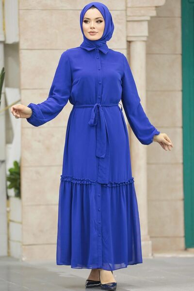 Neva Style Φόρεμα με κουμπιά Sax Blue Hijab 12443SX