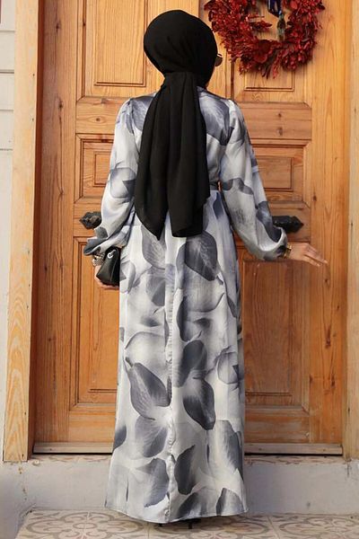 Neva Style Rochie Hijab cu Motive Gri - 23424GR