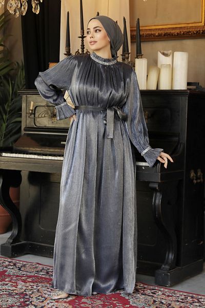Neva Style Navy Blue Draped Hijab Dress - 25261L