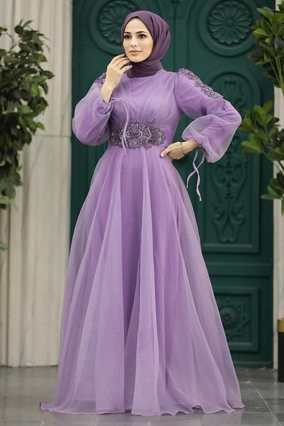 Neva Style Βραδινό φόρεμα με χάντρες λιλά Hijab 2249lıla