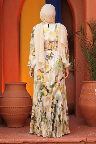 Neva Style Pistachio Green Patterned Hijab Dress - 4539FY