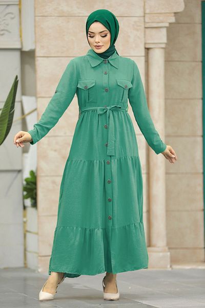 Neva Style Buttoned Mint Hijab Dress 40971Mint