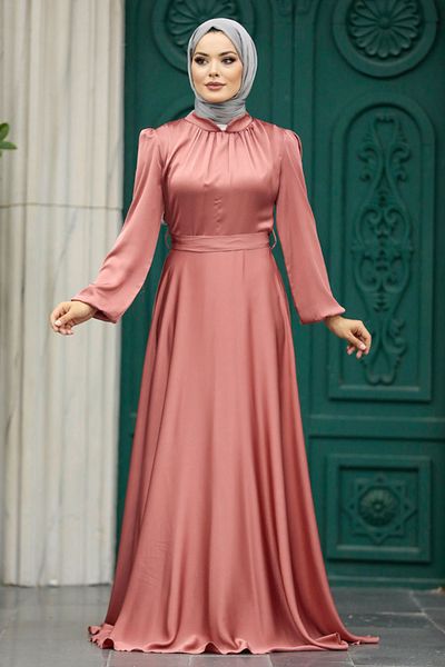Neva Style Rochie de seară din satin hijab somon cu mâneci balon 25131smn