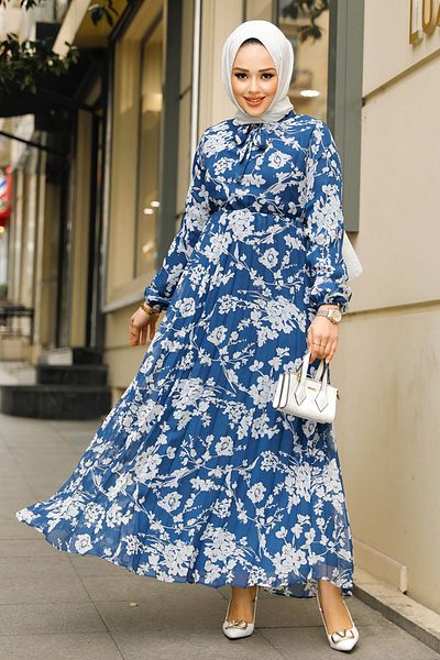 Neva Style Floral Patterned Petrol Blue Hijab Dress 50352PM