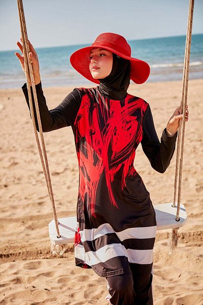 Neva Style Patterned Black Full Covered Hijab Swimsuit M2303S