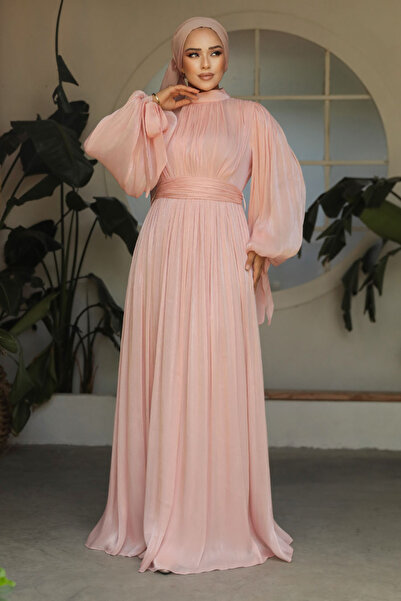 Neva Style Pleated Powder Hijab Evening Dress 25890Pd