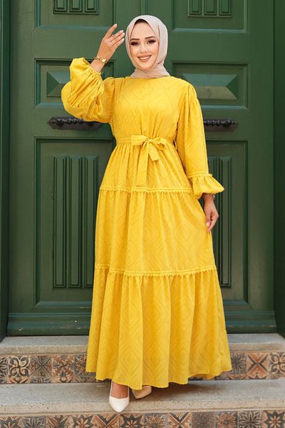 Neva Style - Belted Mustard Hijab Dress 14131Hr